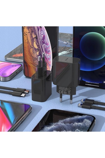 NO BRAND Încărcător de rețea rapid USB-C de 20 W pentru iPhone, set de 2 bucă...