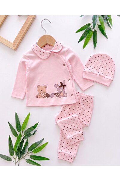 VOY KİDS Baby Girl Polka Dot Teddy Bear Printed Hat 3-Piece Newborn 0-3 Month...