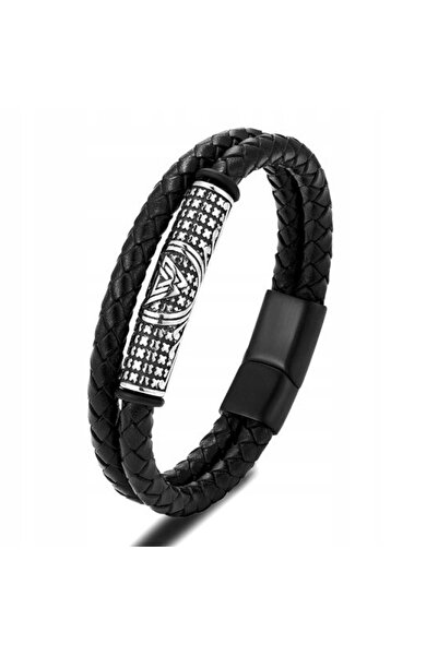 NO BRAND Brățară din piele împletită cu simbol VALKNUT