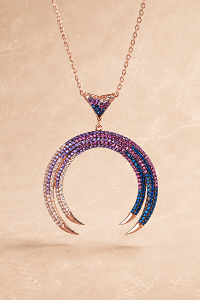 925 Ayar Gümüş Rose Gold Kaplama Renkli Çift Hilal Kolye - Eclipse Crown
