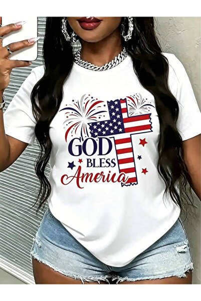 2BIR Plus-Size Women's Summer Outfit Printed With American Flag-Style Cross, ...