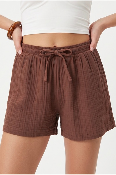 Ritnice Women's Jamie 100% Cotton Muslin Soft Brown Shorts with Elastic Waist