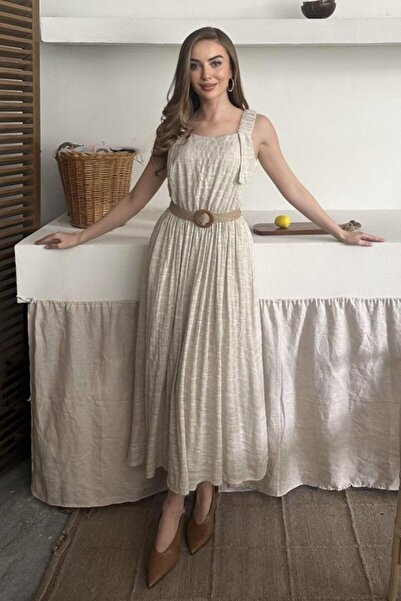 ELBEE Beige Strap Elastic Linen Dress