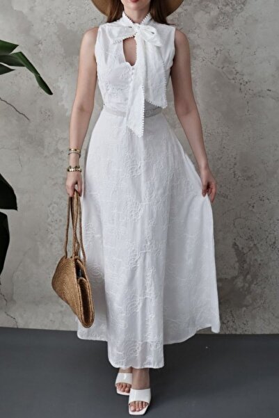SEREMONİ BUTİK Ecru Embroidered Halter Neck Dress