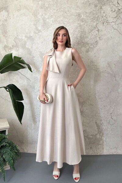 Generic Brand Beige Shoulder Bow Dress
