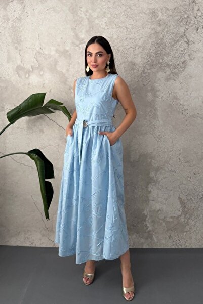 Generic Brand Blue dress with gathered waist and belt