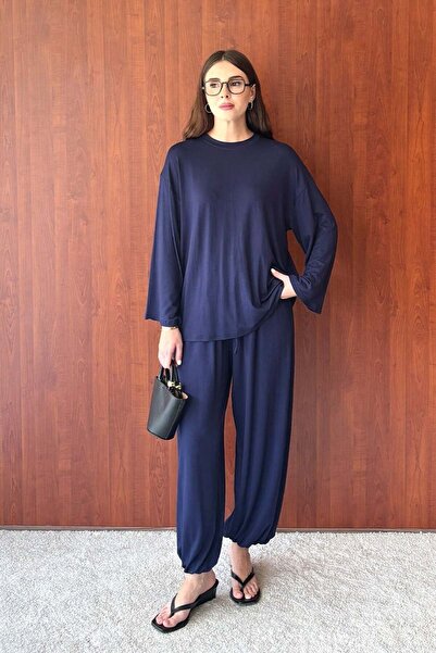 Ceylan Otantik Navy Blue Viscose Basic Bodysuit & Navy Blue Ring Viscose Shal...