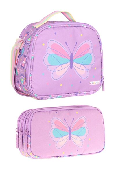 KAUKKO Lilac Butterfly Printed Girls' School Lunchbox and Pencil Case Set - S...