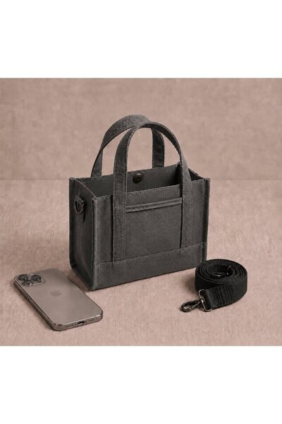 OLD COTTON BAGS Koyu Gri Mini Kanvas Kadın El ve Omuz Çantası Ayarlanabilir A...