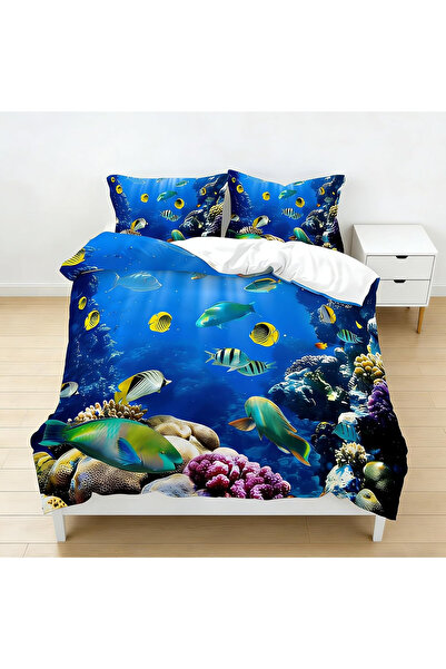OEM Lenjerie de pat model ocean 3D, pătură 220x240 cm cu 2 fețe, perne 50x70 cm