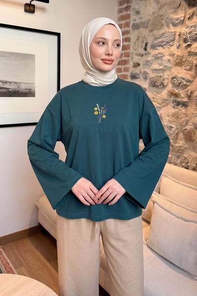 Salih Çelebi Floral Embroidered Combed Cotton Blouse 13137 - Petrol