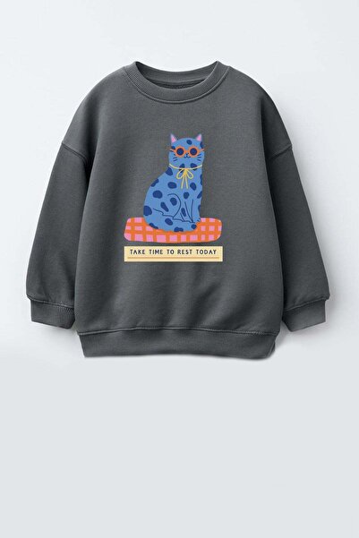 Monila Girl's 3 Thread Fabric Cotton Cat Printed Sweatshirt
