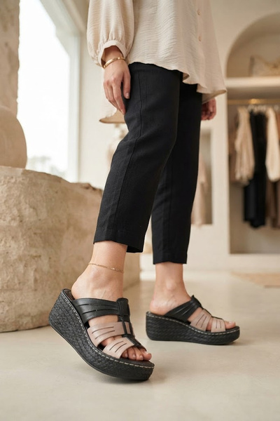 Esem 7714 Black Genuine Leather Women's Slippers
