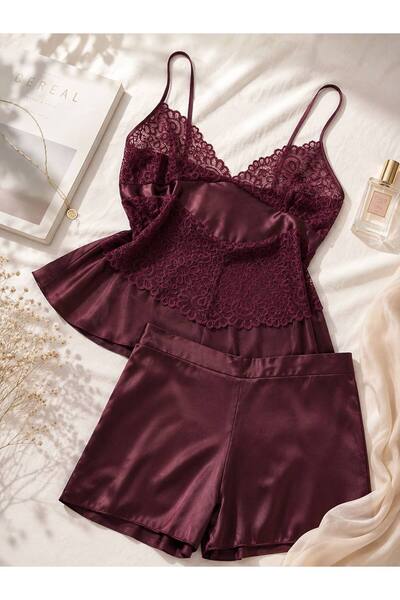 ROZENİN LINGERIE Plus Size Lace Detailed Satin Strap Shorts Pajama Set