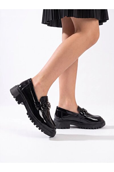Adım Dünyası Girls' Patent Leather Loafer Shoes with Stone Buckle, Stylish, C...
