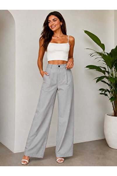 GİYİYORUM Women's High Waist Wide-Leg Pants/Classic Cut with Pockets