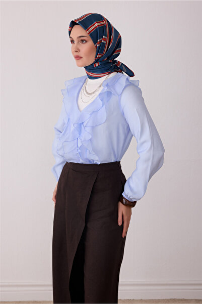Belli Petrol Geometrik Desen %100 Twill İpek Eşarp 4405-02