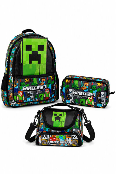 MINECRAFT Lisanslı Creeper 3'lü Okul Çantası Seti Siyah – Sırt Çantası, Besle...
