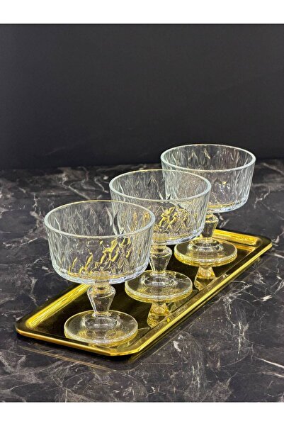 isra kristal Gold Vita 3-Piece Glass Bowl Set with Tray, Breakfast, Snack, an...