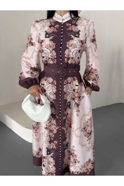 NEW JOURNAL Women's Plum Chokella Fabric Mandarin Collar Belted Maxi Dress Je...