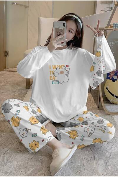 Zaya Homewear Bahd Cat42 White Uzun Kollu Süpersoft Kadın Pijama Takımı