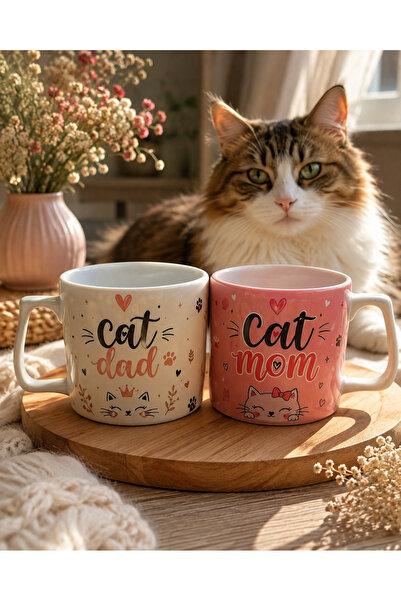 Eylül Design Cat Mom Dad ikili Baskılı Minimal Tasarımlı Kedi Temalı Kupa Bar...