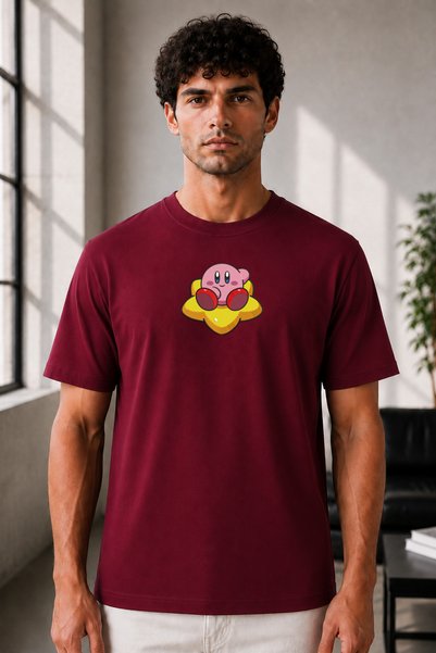 FAUNION Unisex Oversize Embroidered Kirby Design 100% Cotton T-Shirt