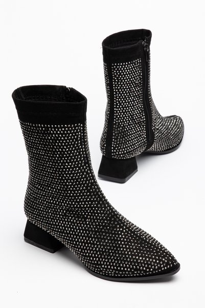 moda rees Women's Suede Stone-Embellished Stylish Pointed-Toe Thick Short-Heel Zipper Boots