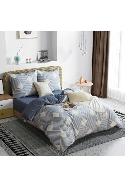 NO BRAND Lenjerie de pat 140x200 albastru cu modele geometrice + față de pern...