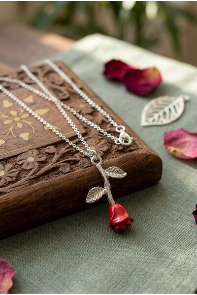 Shiklik Elegant Red Rose Figured Silver Color Chain Necklace