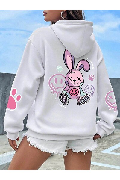 Oversize Kapüşonlu Sweatshirt Pembe Tavşan Figürlü Büyük Sırt ve Kol Baskılı Hoodie
