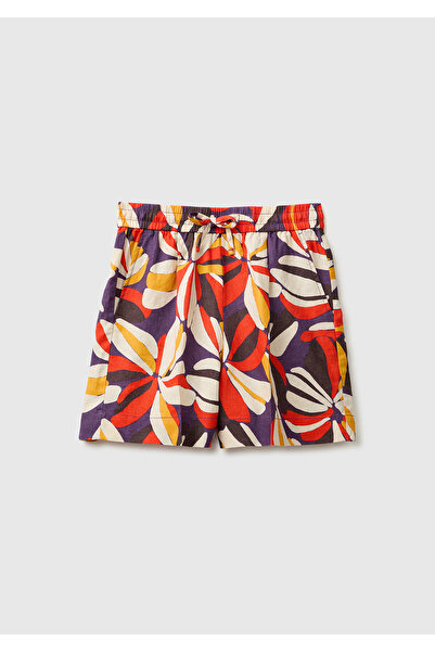 United Colors of Benetton Women's Purple Mix 100% Linen Bermuda Shorts with E...