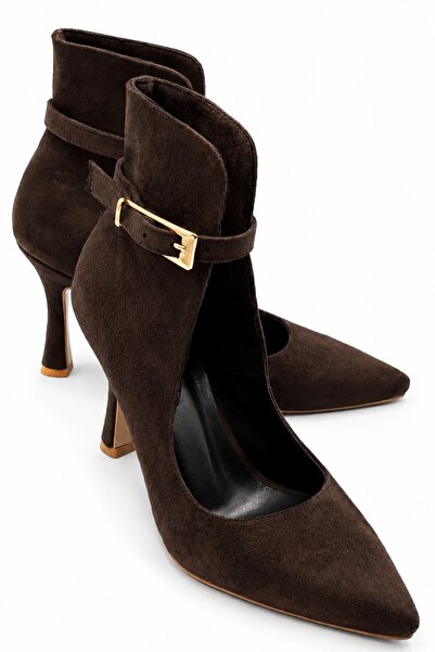İX Caren Suede Brown Pointed Toe Thin Heel Belt Detailed Windowed Stylish Wom...