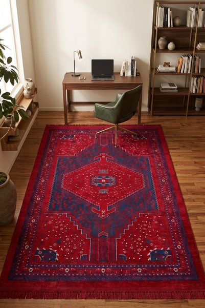 Halispecial Serap Retro Kırmızı Eskitme Etnik Desenli Dokuma Salon Halısı – P...