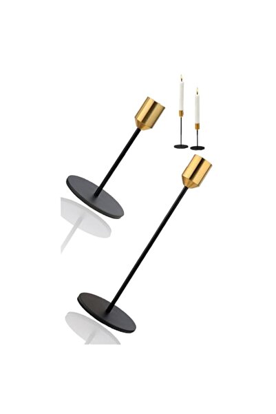 Generic Gold & Black Brass Candlestick Holders Set – 2 Pcs Modern Taper Candl...