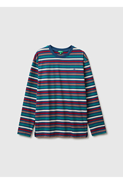 United Colors of Benetton تي شيرت مخطط بأكمام طويلة للأولاد مطرز بشعار داكن م...