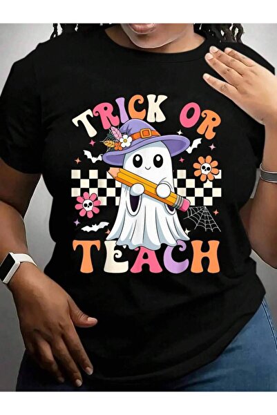 NOURAM تي شيرت Trick Or Teach Groovy Cute Teacher Floral Ghost Halloween Blac...