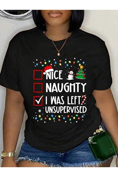 9JY ملابس نسائية، تي شيرت Nice Naughty I Was Left Unsupervised List Christmas...