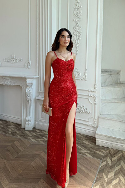 Sindimoda Ayarlanabilir İp Askılı Yırtmaçlı Payet Abiye 1075