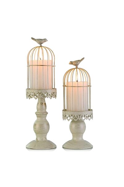 Generic Distressed Ivory Birdcage Candle Holder Set – Vintage Iron Decorative...