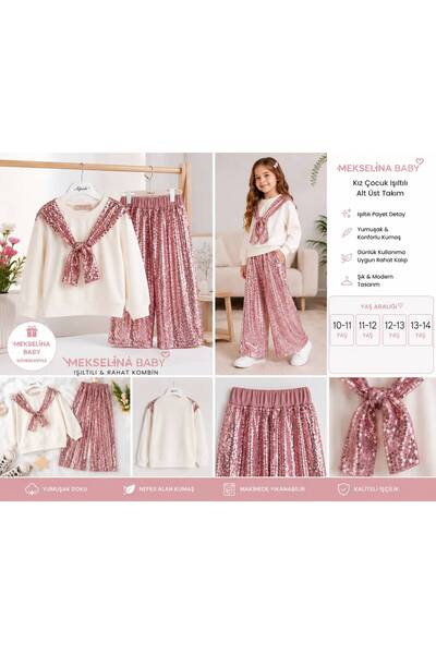 KIZ ÇOCUK PULLU PAYETLİ ALT ÜST TAKIM SİMLİ BOL PAÇA PANTOLON SWEATSHİRT TAKIM