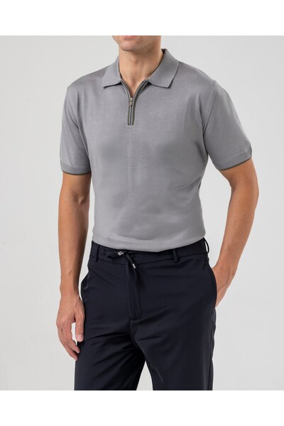 TerziAdemAltun Italian Style Slim Fit Polo Collar Knitwear T-Shirt Gray T14447