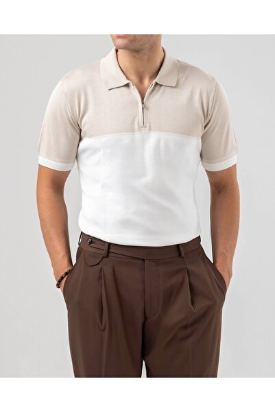 TerziAdemAltun Italian Style Slim Fit Polo Collar Knitwear T-Shirt Beige T14437