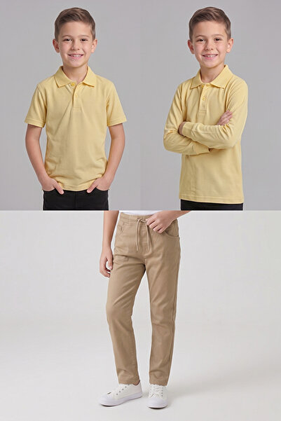 nacar çarşı Boys' School Light Yellow Long and Short Sleeve Polo Collar T-Shi...