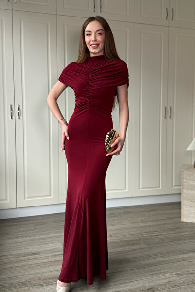 Dilay Gökoğlu Butik Rochie maxi elegantă bordeaux, cu drapaj în talie și deta...