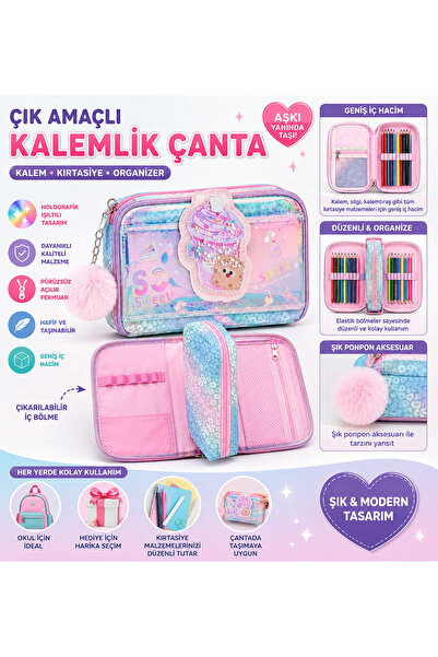 Miro Toys Çok Amaçlı Kalemlik Çanta Holografik Kedi Desenli Ponponlu Fermuarl...