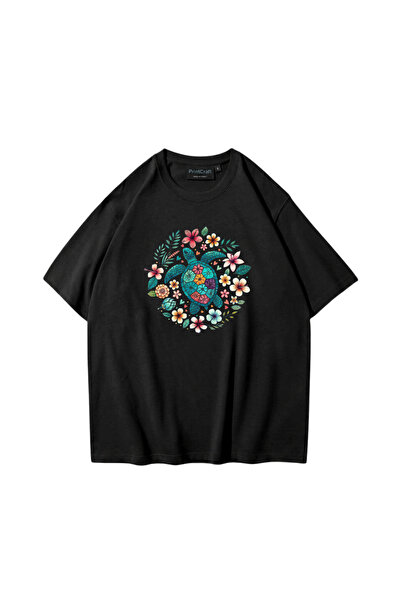 Gölge Store Γυναικείο μπλουζάκι με σχέδιο χελώνας και λουλουδιών, μαύρο, Prin...