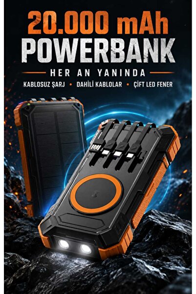 20.000 mAh Solar Powerbank Güneş Panelli Kablosuz Şarj Dahili 4 Kablolu LED Fenerli