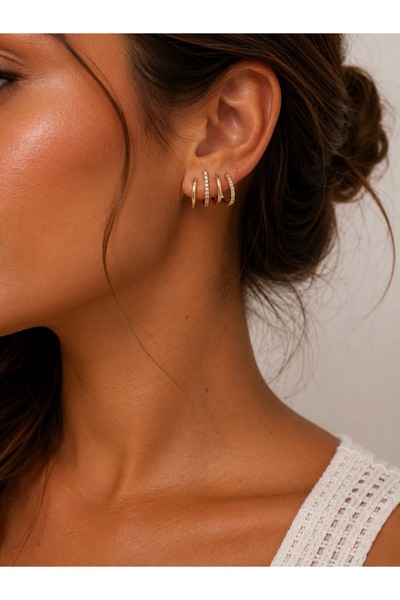 POSEİDONS JEWELLERY أقراط دائرية عصرية مرصعة بحجر الكريستال الذهبي - أقراط نس...