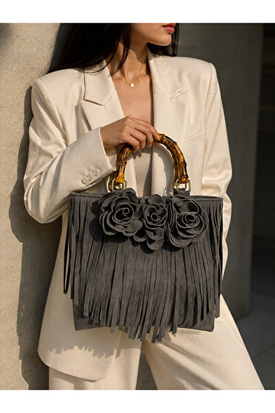 GUSTELLO Cordoba Women's Suede Tassel Bag 3D Floral Bamboo Handle Handbag